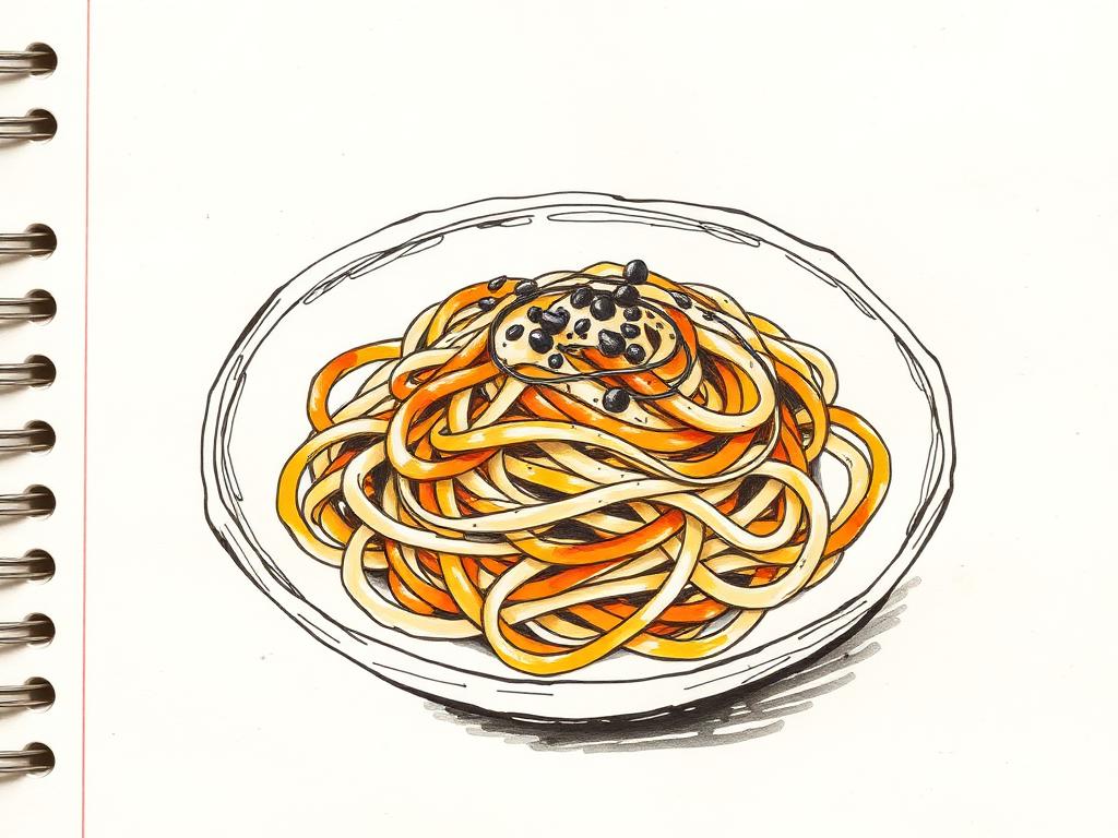 Hand-drawn kitchen-notebook illustration of a bowl of spaghetti carbonara with cracked black pepper.