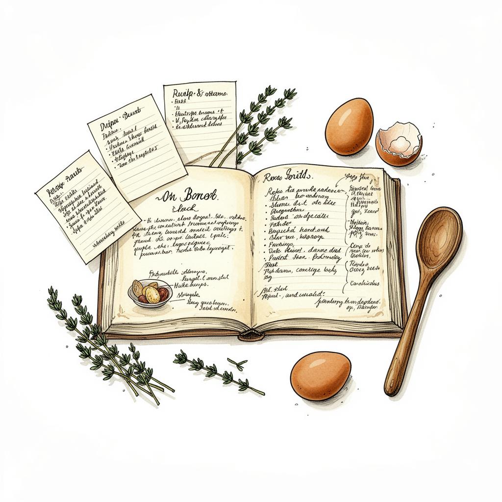Hand-drawn illustration of an open cookbook surrounded by recipe note cards, herbs, eggs, and a wooden spoon
