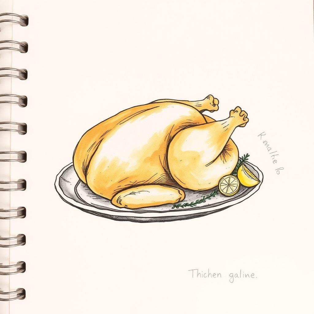 Hand-drawn kitchen-notebook illustration of a whole roast chicken on a platter with thyme and lemon.
