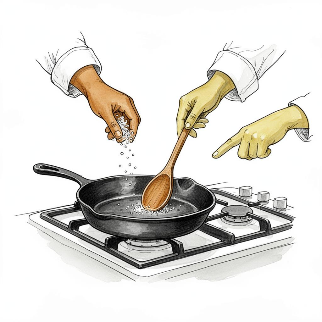 Black and white photograph of three chefs' hands reaching into the same skillet